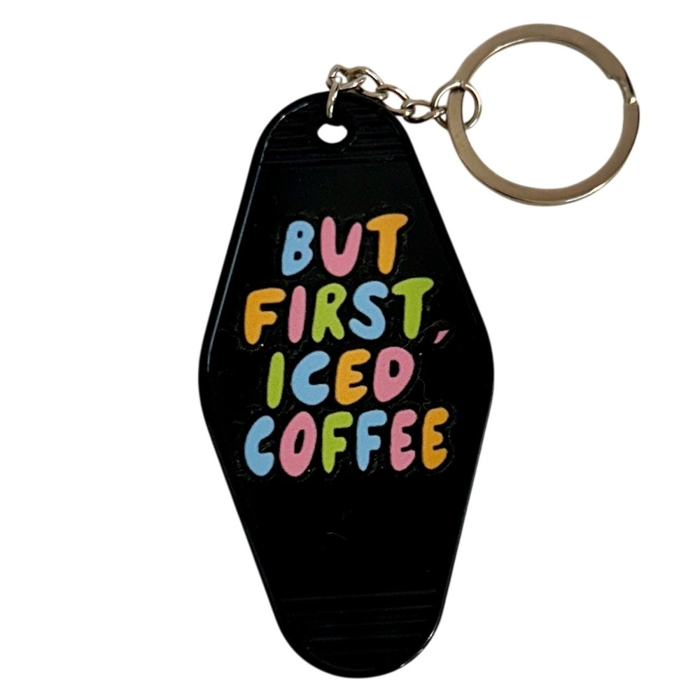 But First Iced Coffee Retro Motel Keychain Black Pastel Bubble Letter Key Fob